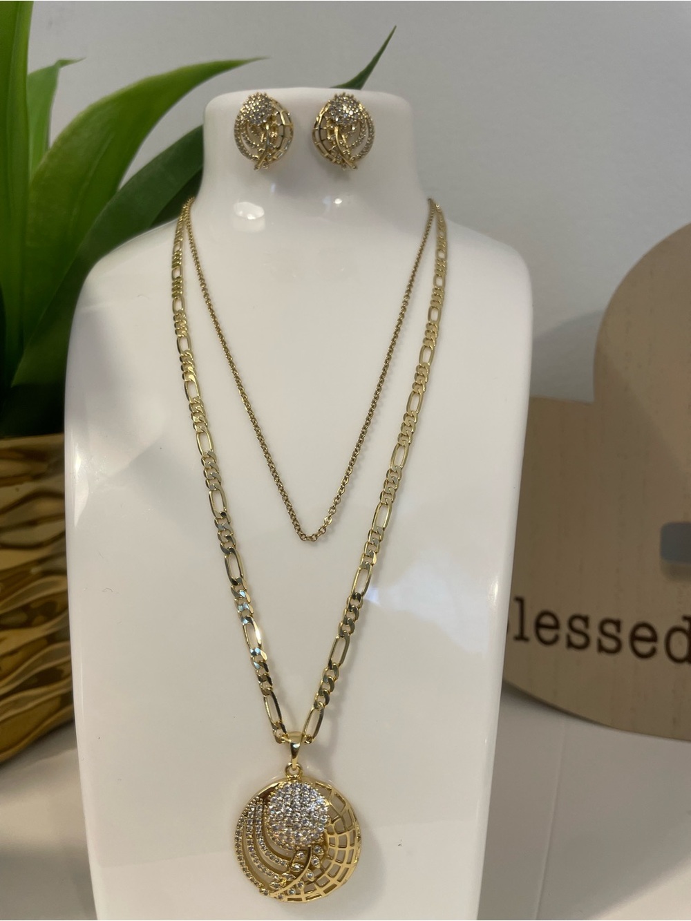 Gold-Tone Pave Disk Pendant Necklace & Stud Earring Set - Gold